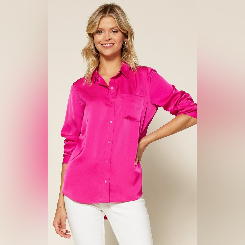 SKIES ARE BLUE Women’s Hot‎ Flamingo Satin Button Down Shirt Size Med